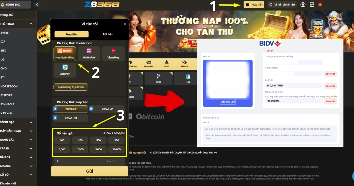Nạp tiền SV388 qua ngân hàng