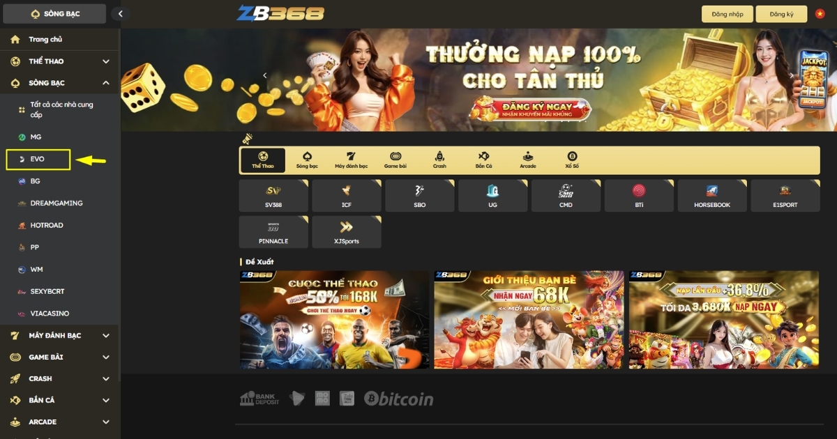 Sảnh casino Evolution tại ZB368